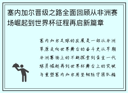塞内加尔晋级之路全面回顾从非洲赛场崛起到世界杯征程再启新篇章